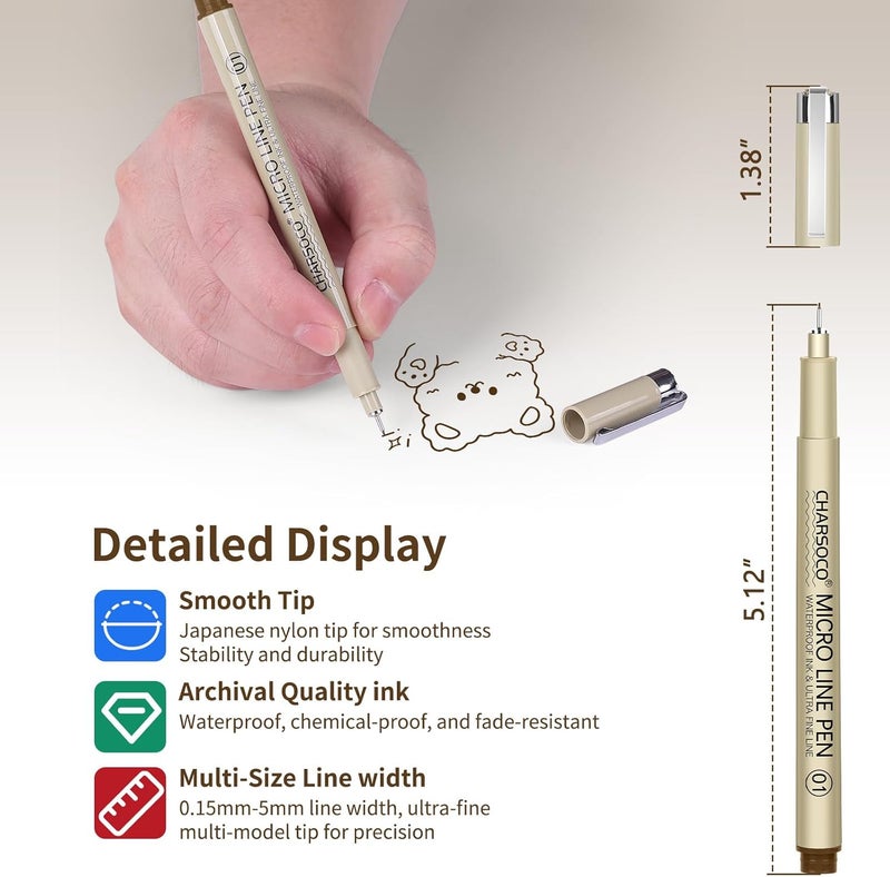 CHARSOCO Brown Micro Pens, 12 Sizes in 0.23mm - 5mm, Waterproof Archival Ink, Fine Point Pen for Artist Illustration, Sketching, Anime, Manga and Technical Drawing - Image 2